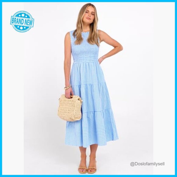 Sleeveless Crewneck Maxi Dress Smocked Tiered Boho Casual Beach Sundress - Picture 6 of 7